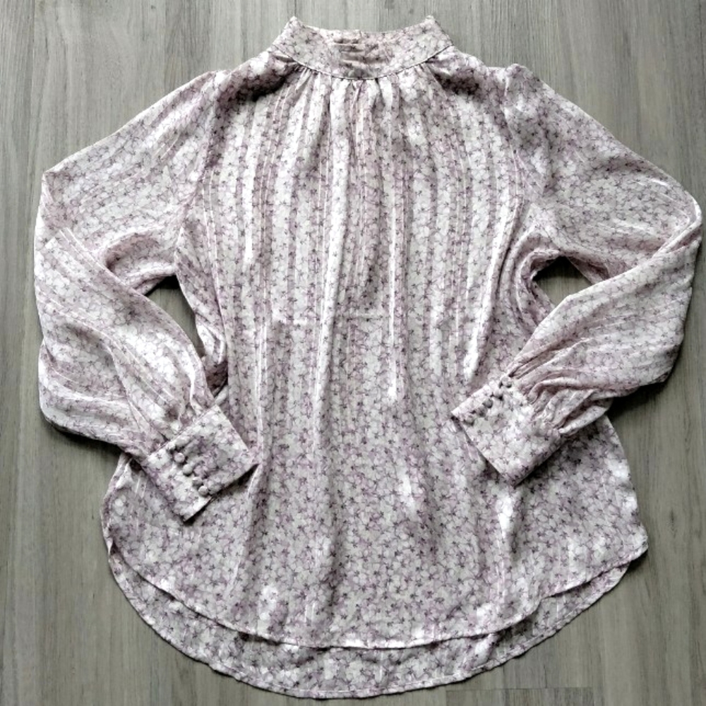 H&M Purple Mock Neck Pleated Floral Print Tunic Sz Medium